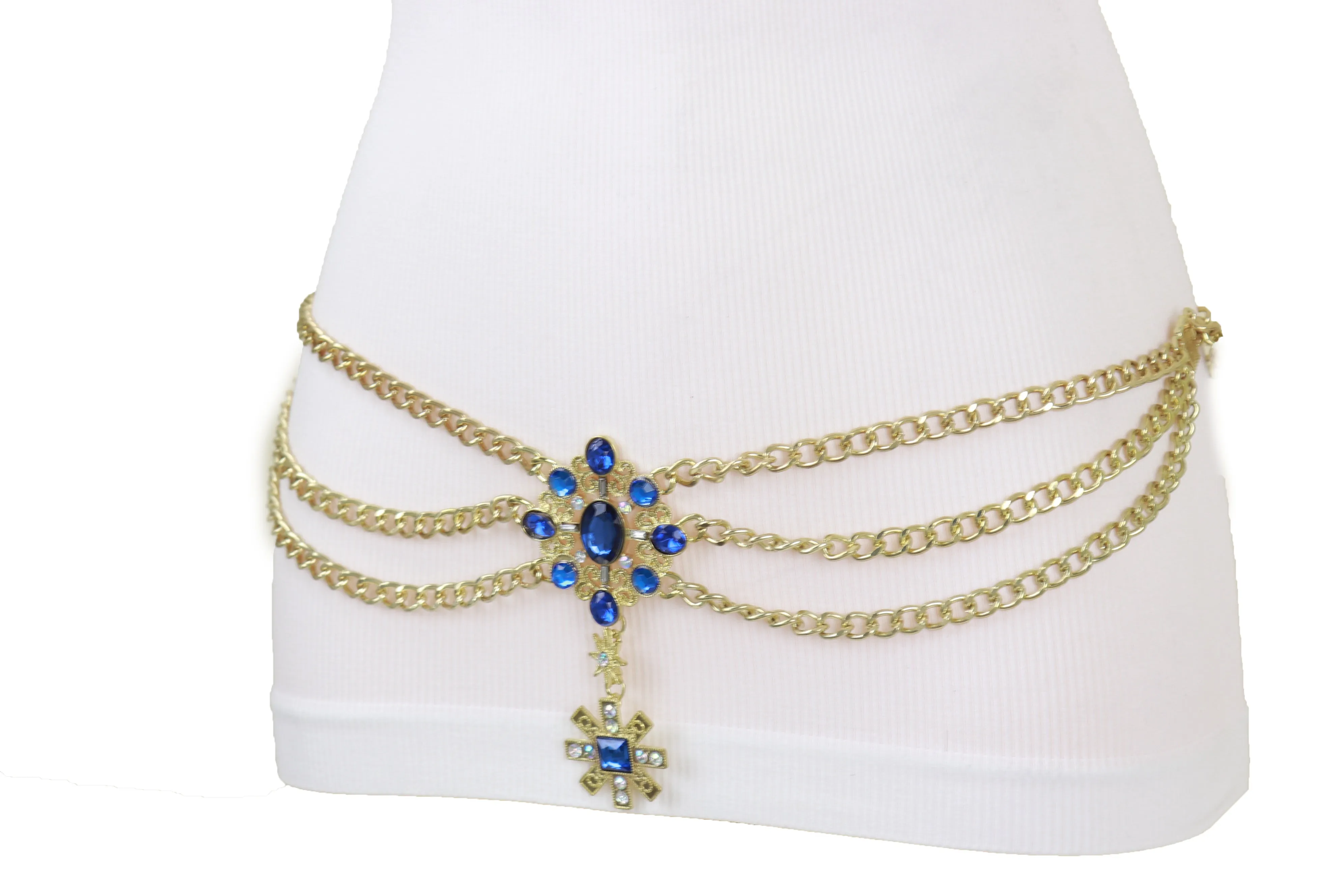 Rusty Gold Metal Chain Belt British Blue Cross Star Charms M