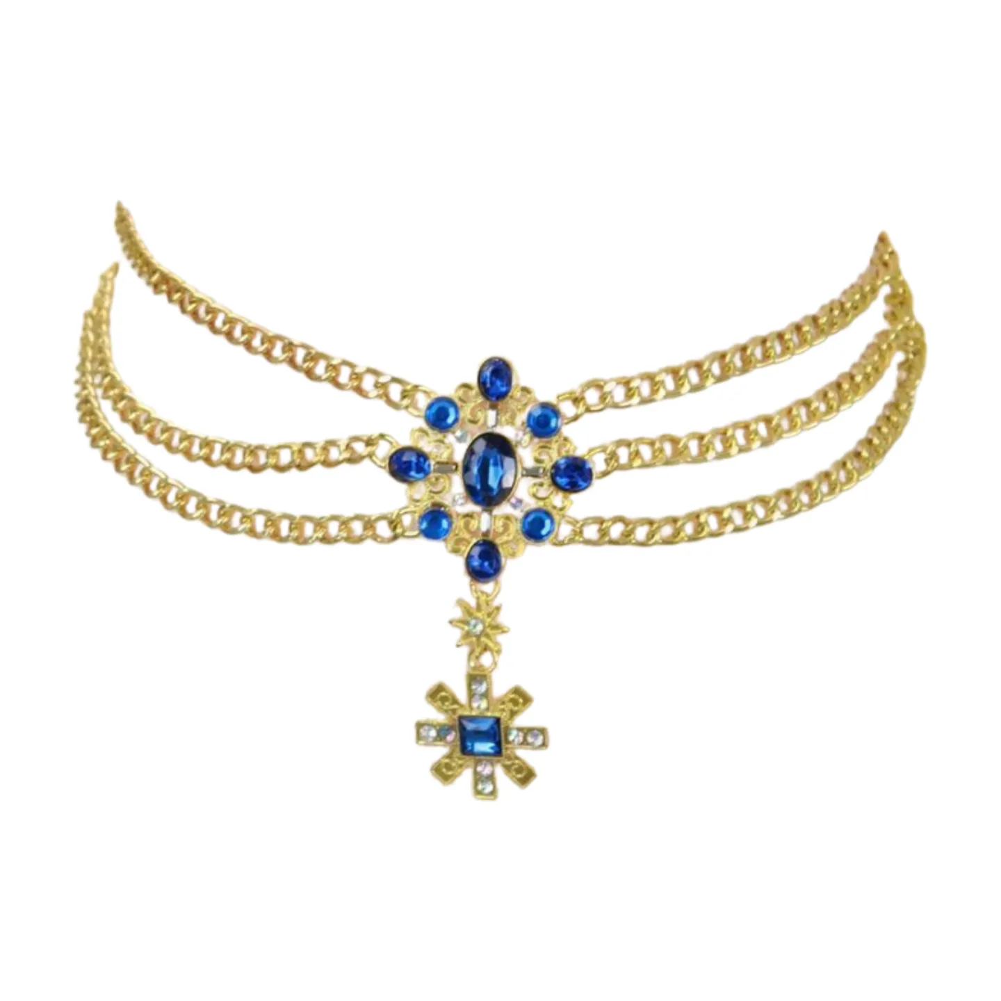 Rusty Gold Metal Chain Belt British Blue Cross Star Charms M