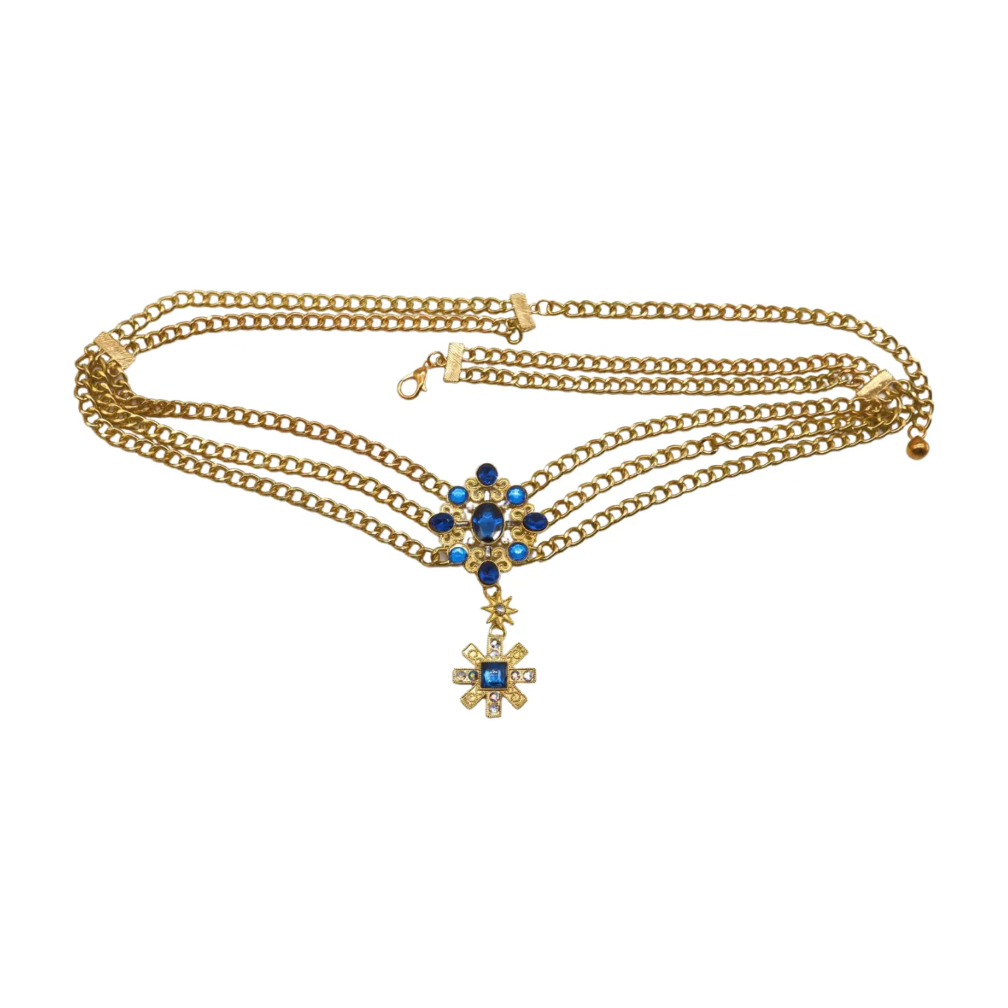 Rusty Gold Metal Chain Belt British Blue Cross Star Charms M