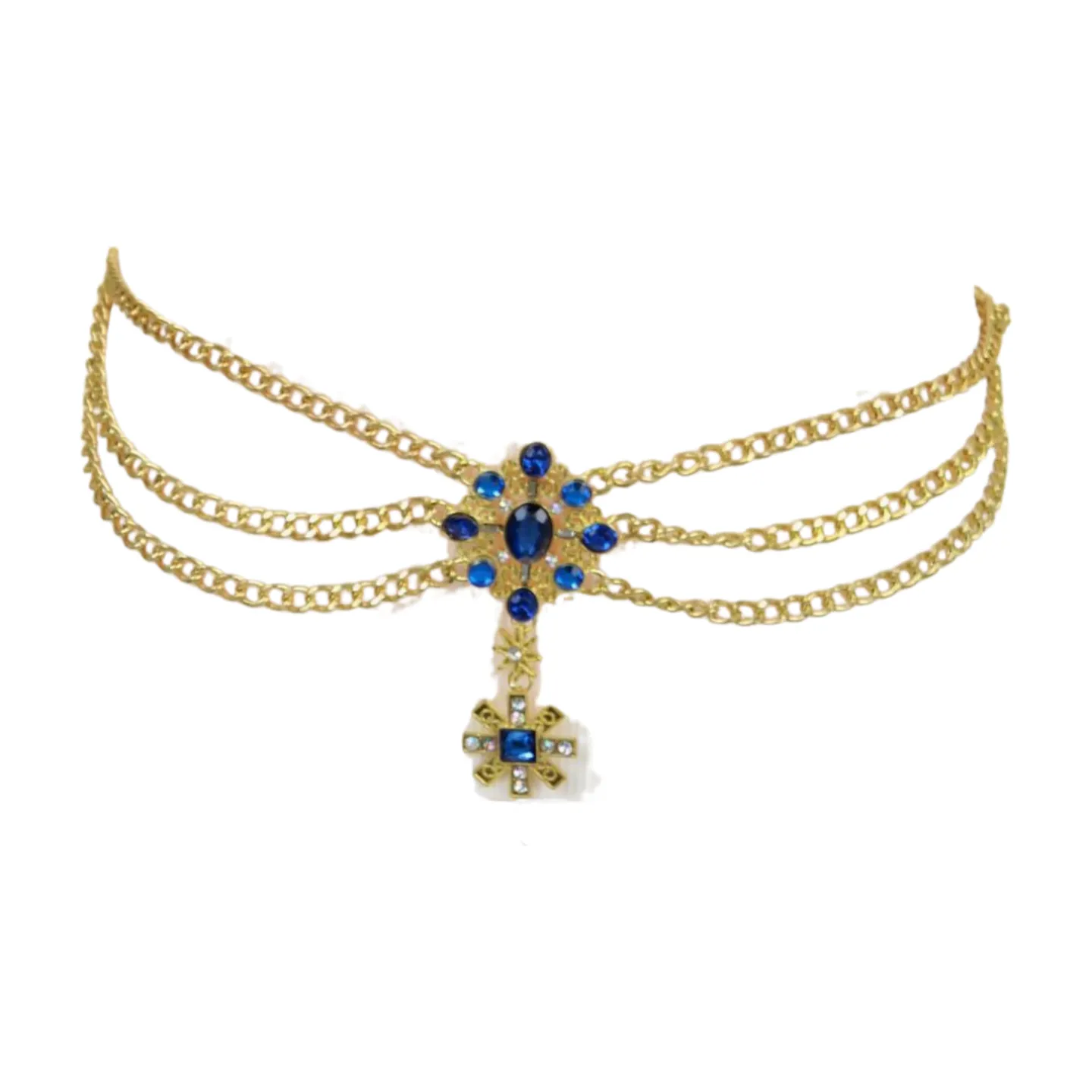 Rusty Gold Metal Chain Belt British Blue Cross Star Charms M