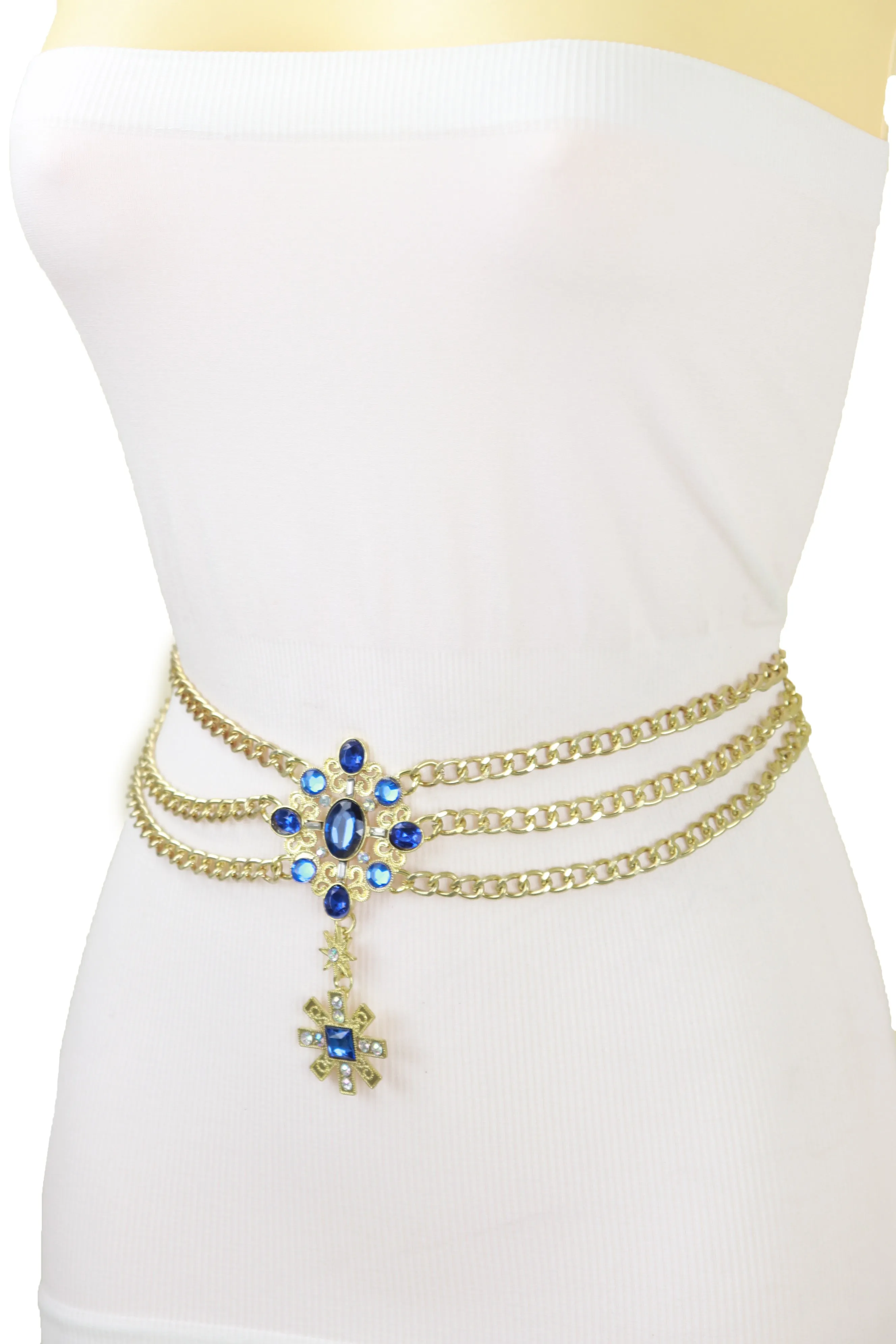 Rusty Gold Metal Chain Belt British Blue Cross Star Charms M