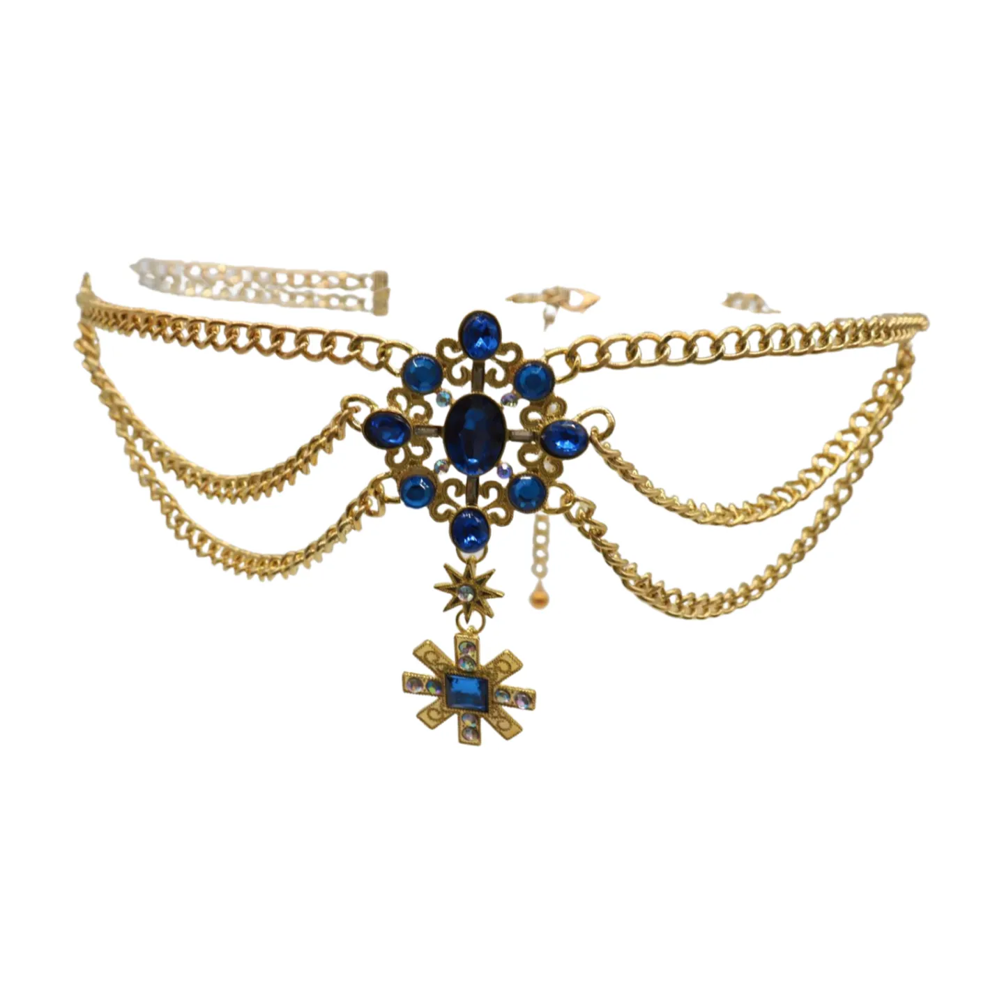 Rusty Gold Metal Chain Belt British Blue Cross Star Charms M