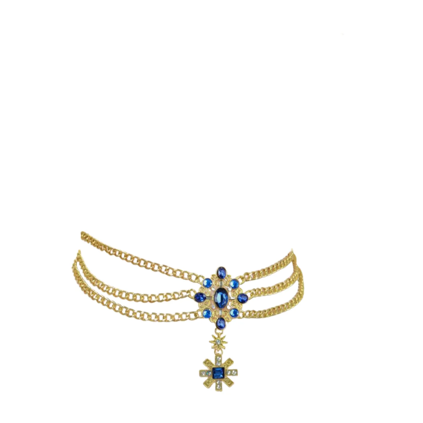 Rusty Gold Metal Chain Belt British Blue Cross Star Charms M