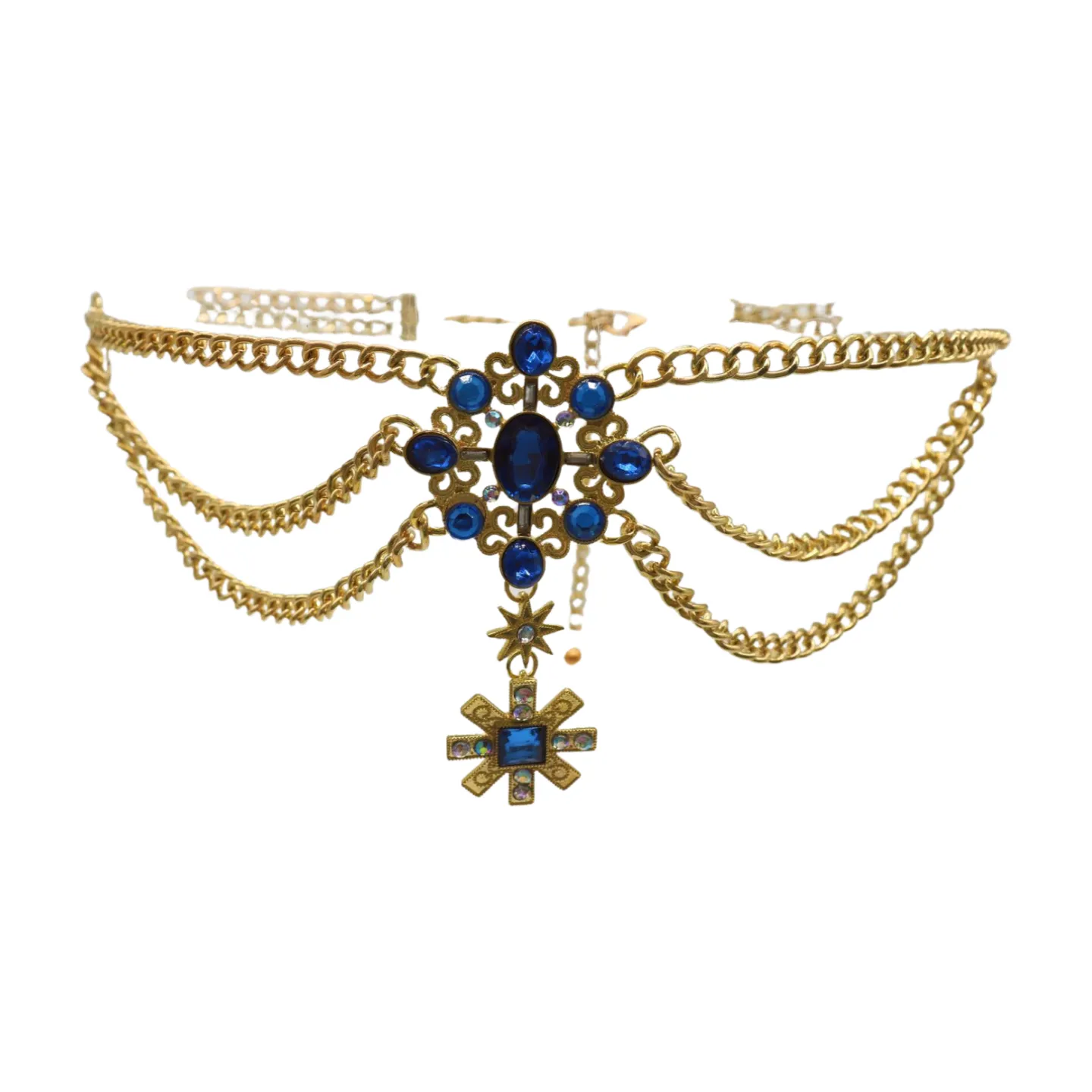 Rusty Gold Metal Chain Belt British Blue Cross Star Charms M