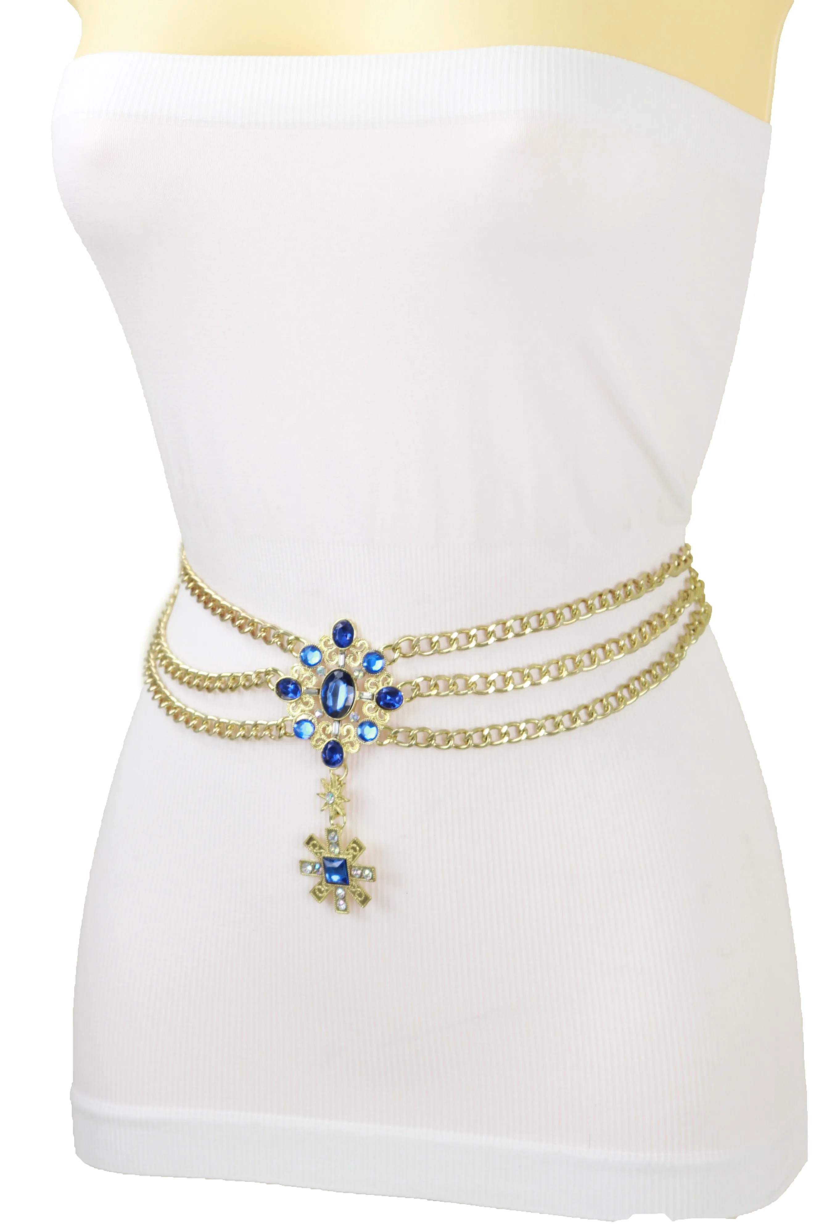 Rusty Gold Metal Chain Belt British Blue Cross Star Charms M
