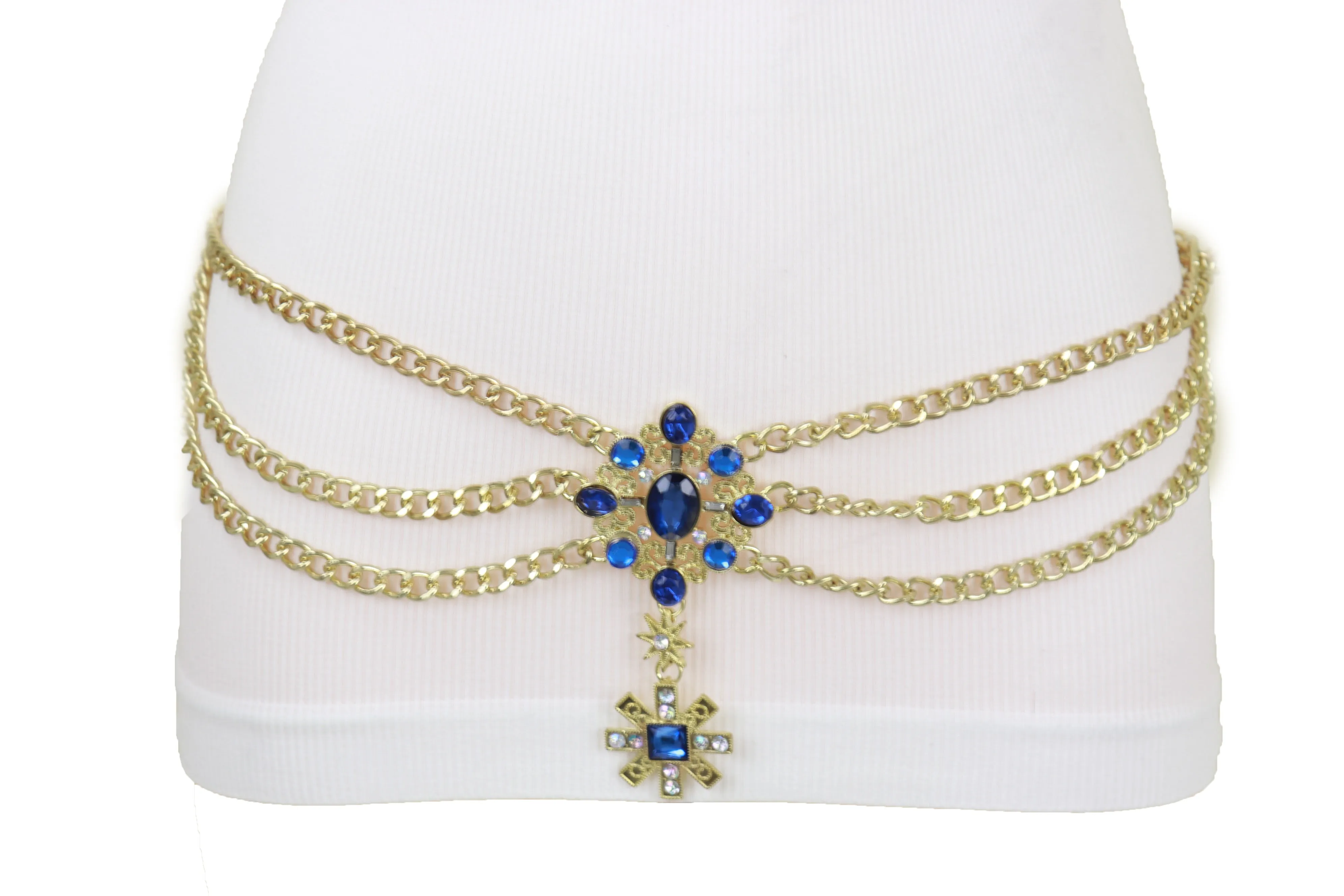 Rusty Gold Metal Chain Belt British Blue Cross Star Charms M