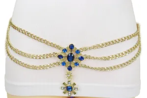 Rusty Gold Metal Chain Belt British Blue Cross Star Charms M