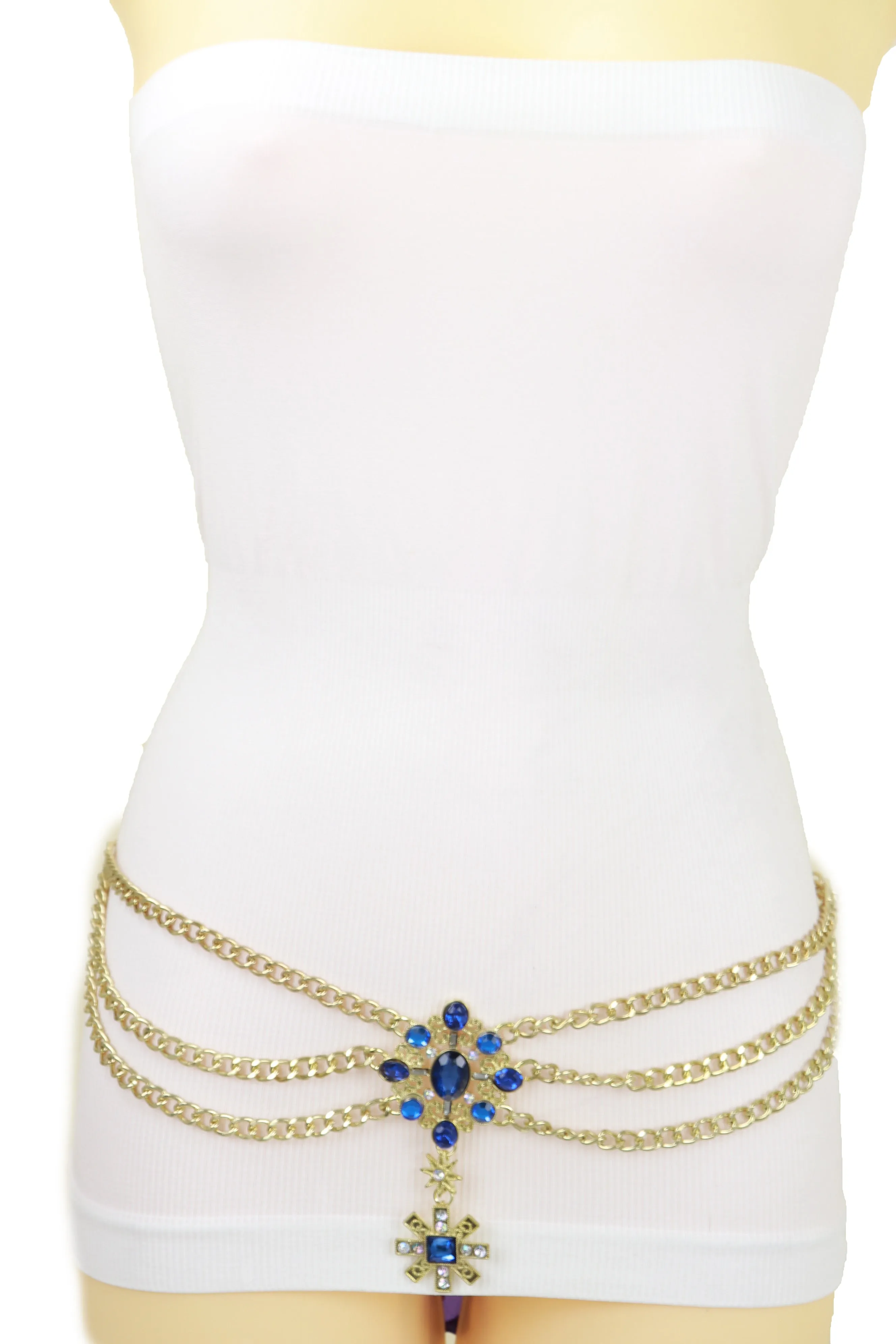 Rusty Gold Metal Chain Belt British Blue Cross Star Charms M