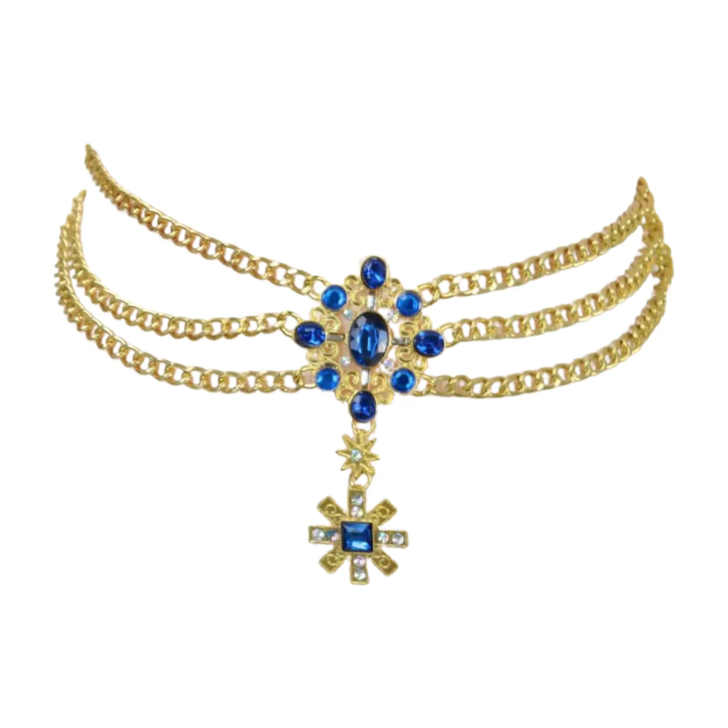 Rusty Gold Metal Chain Belt British Blue Cross Star Charms M