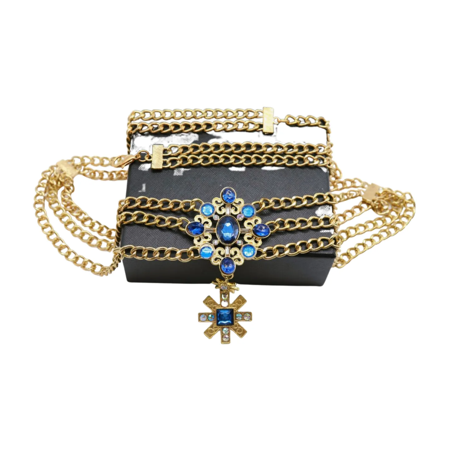 Rusty Gold Metal Chain Belt British Blue Cross Star Charms M