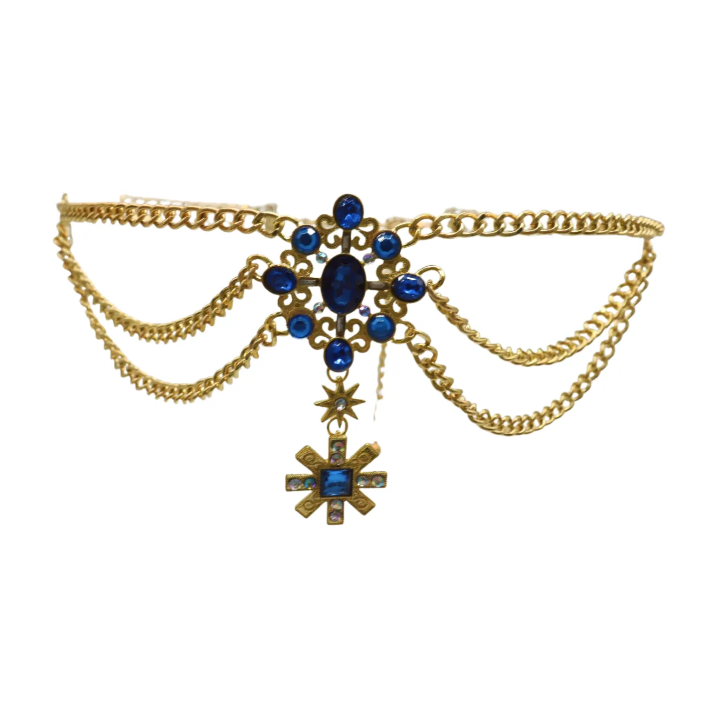 Rusty Gold Metal Chain Belt British Blue Cross Star Charms M