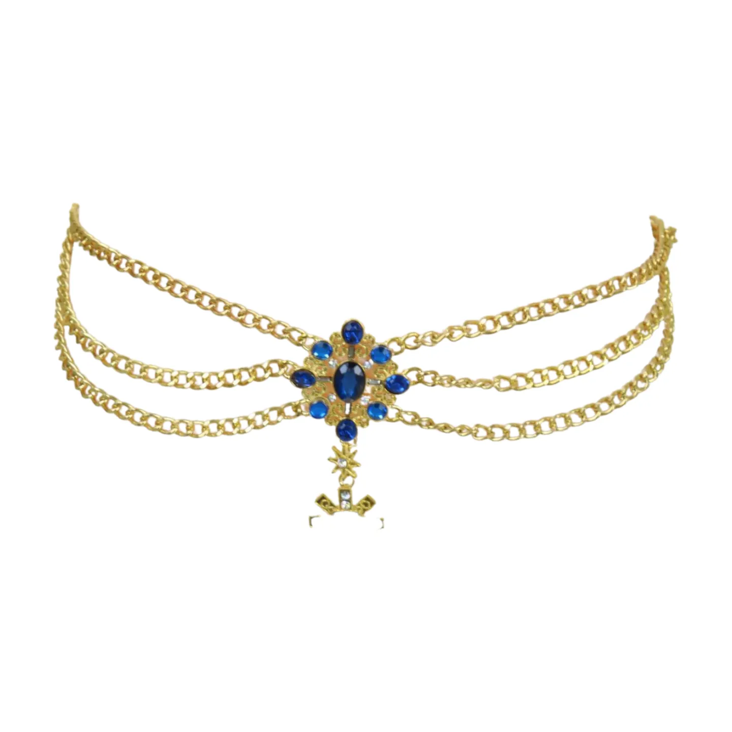 Rusty Gold Metal Chain Belt British Blue Cross Star Charms M