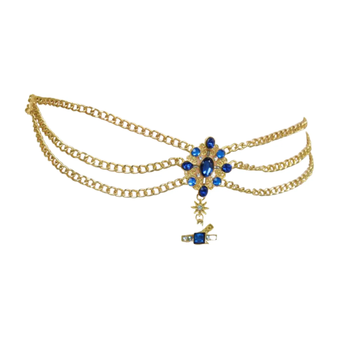 Rusty Gold Metal Chain Belt British Blue Cross Star Charms M