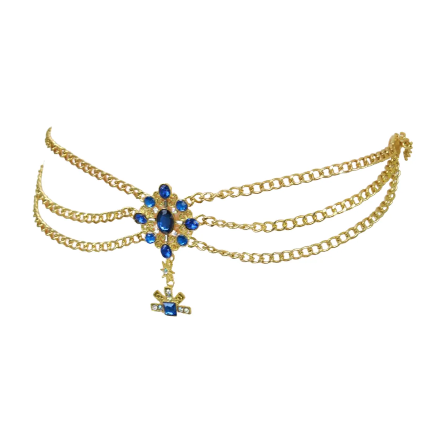 Rusty Gold Metal Chain Belt British Blue Cross Star Charms M