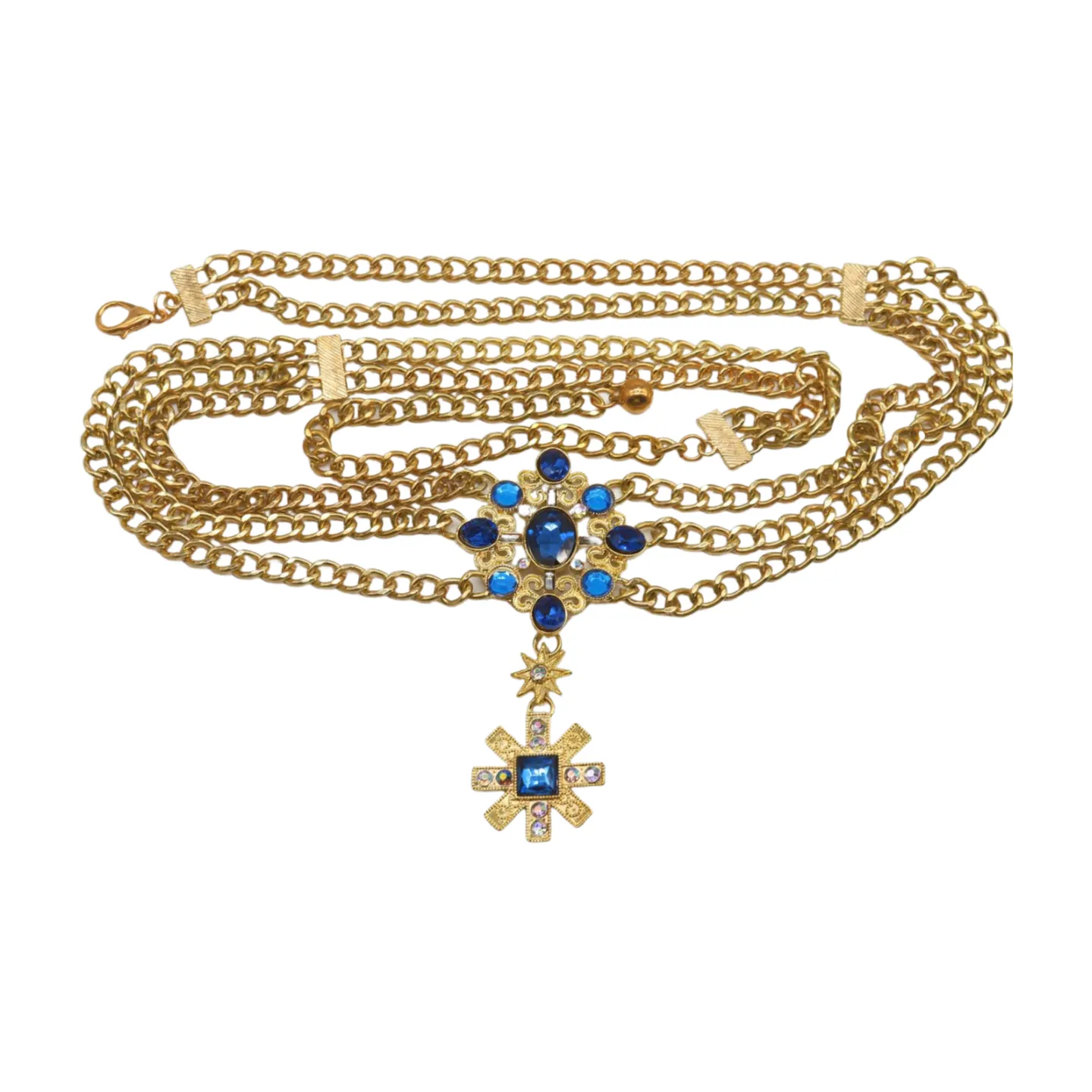 Rusty Gold Metal Chain Belt British Blue Cross Star Charms M
