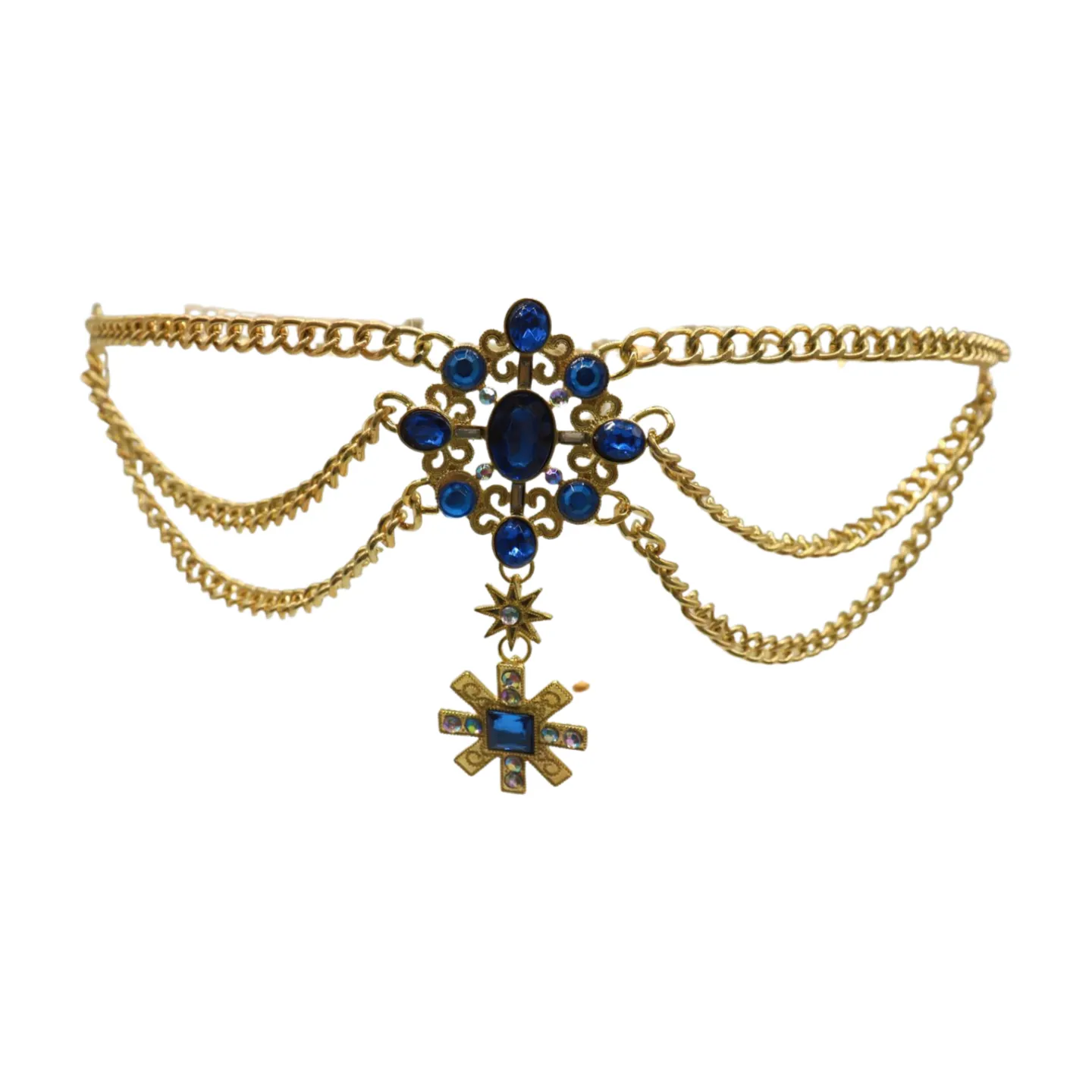 Rusty Gold Metal Chain Belt British Blue Cross Star Charms M