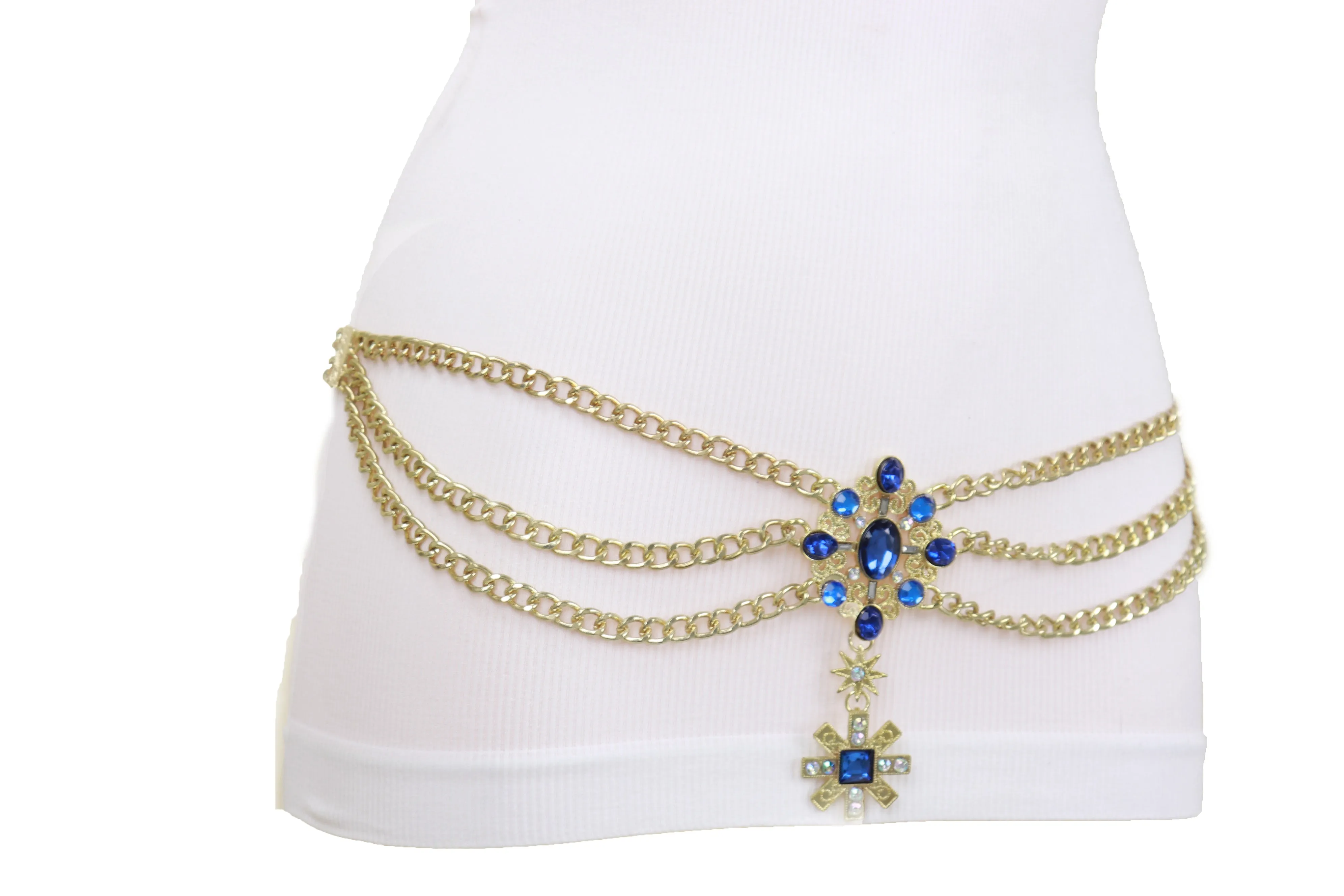 Rusty Gold Metal Chain Belt British Blue Cross Star Charms M