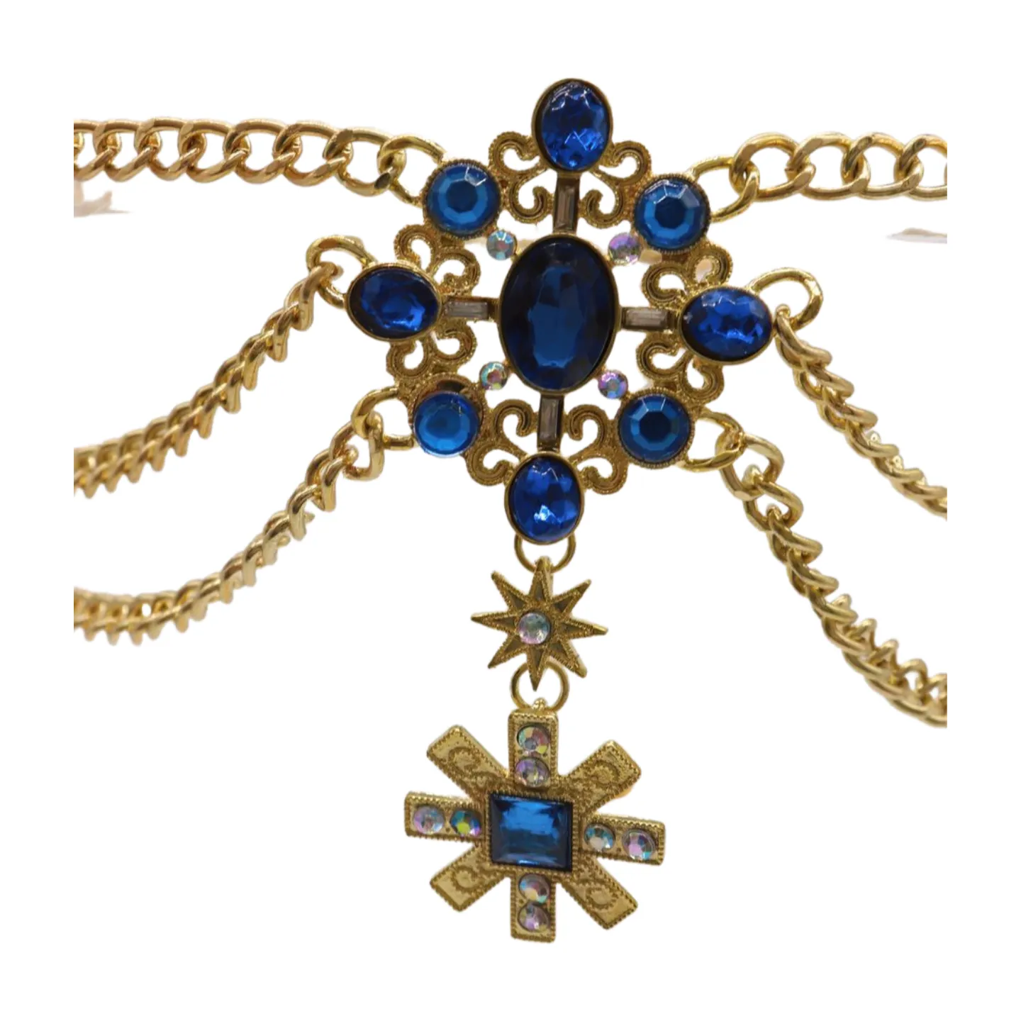 Rusty Gold Metal Chain Belt British Blue Cross Star Charms M