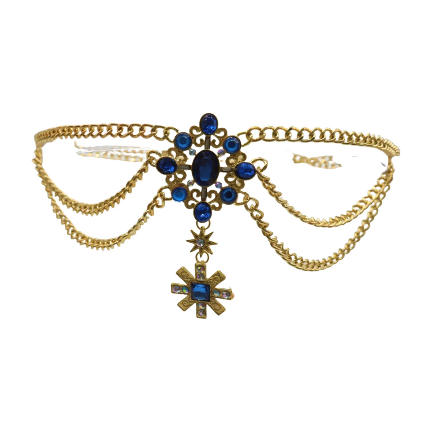 Rusty Gold Metal Chain Belt British Blue Cross Star Charms M