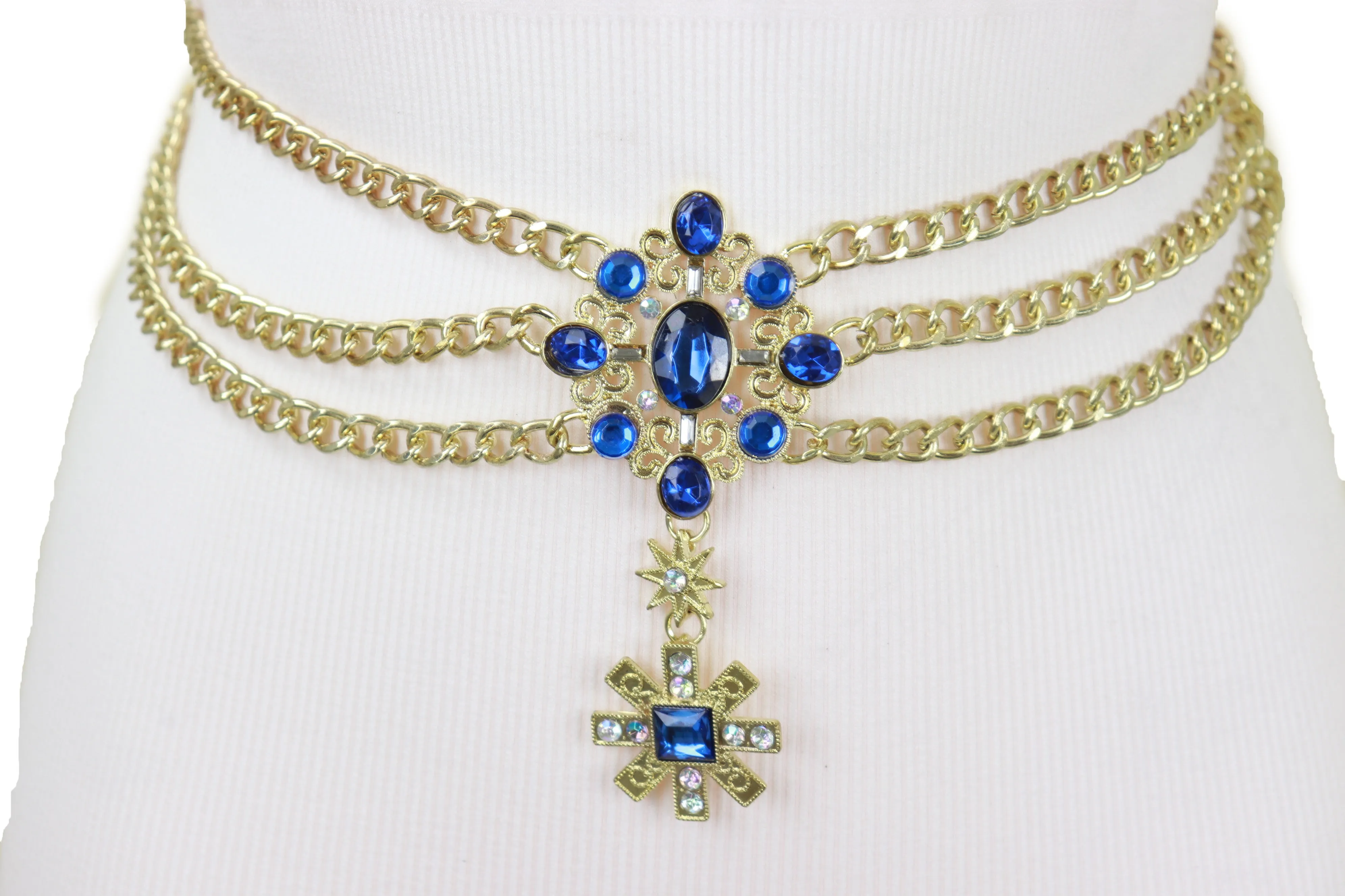Rusty Gold Metal Chain Belt British Blue Cross Star Charms M