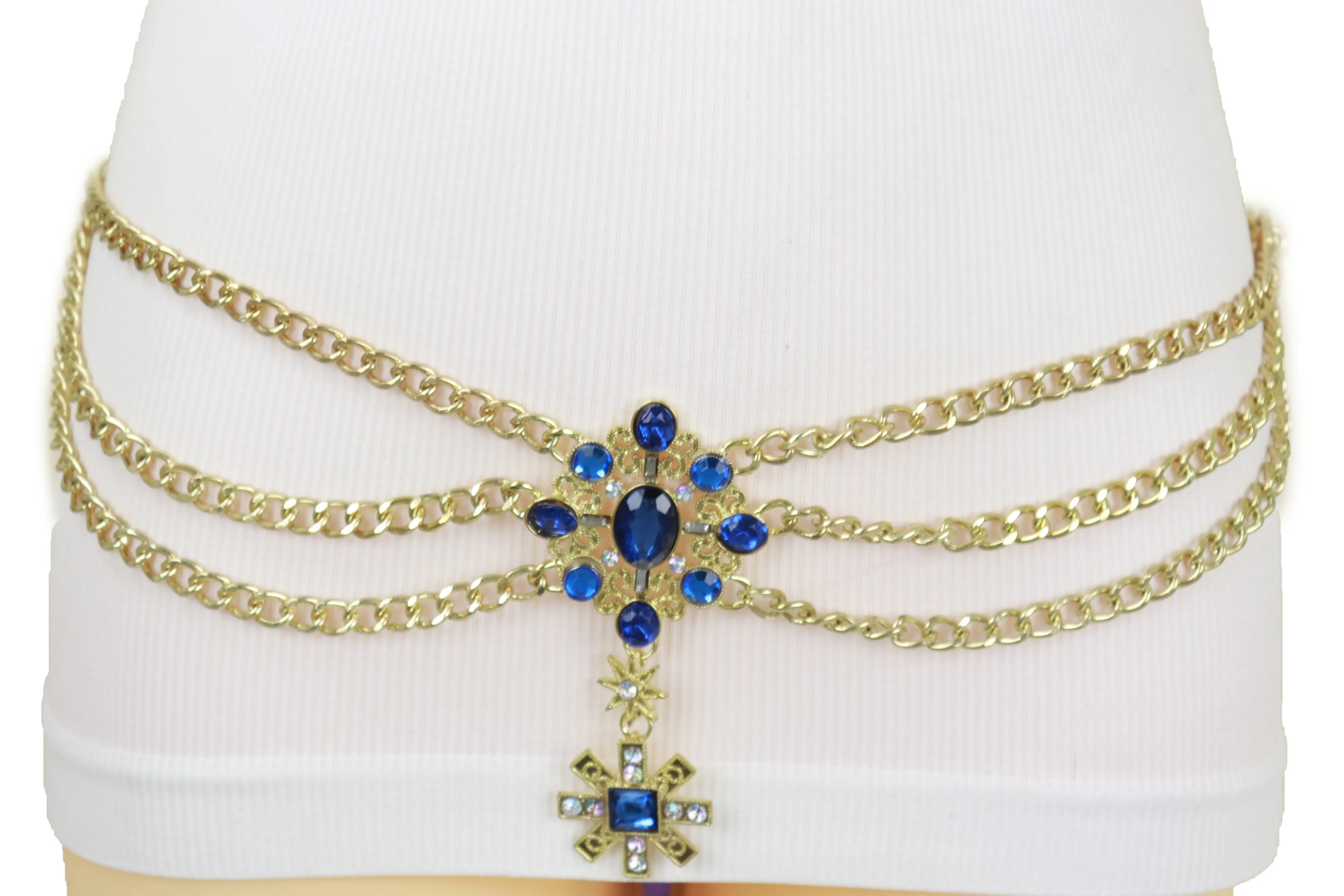 Rusty Gold Metal Chain Belt British Blue Cross Star Charms M