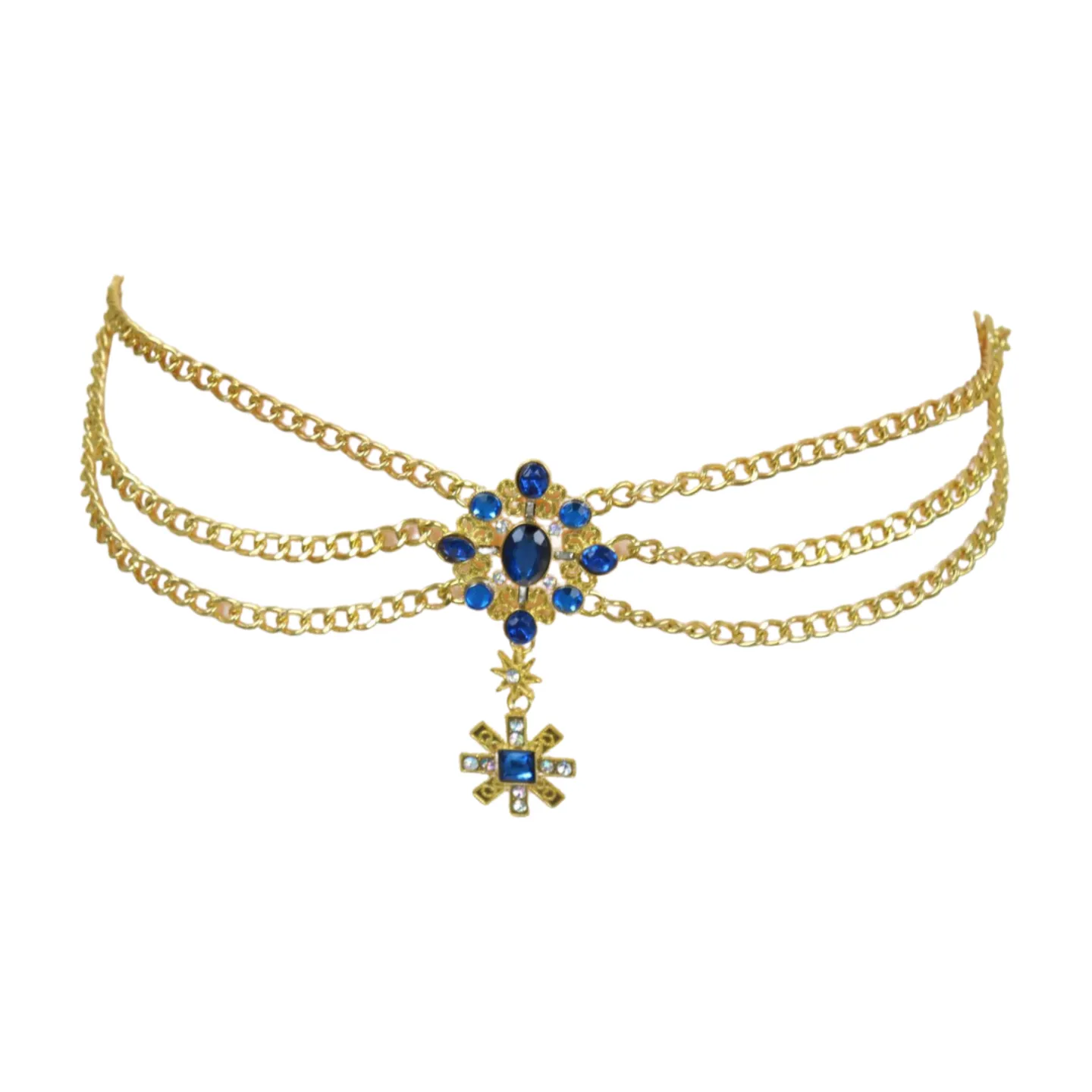 Rusty Gold Metal Chain Belt British Blue Cross Star Charms M