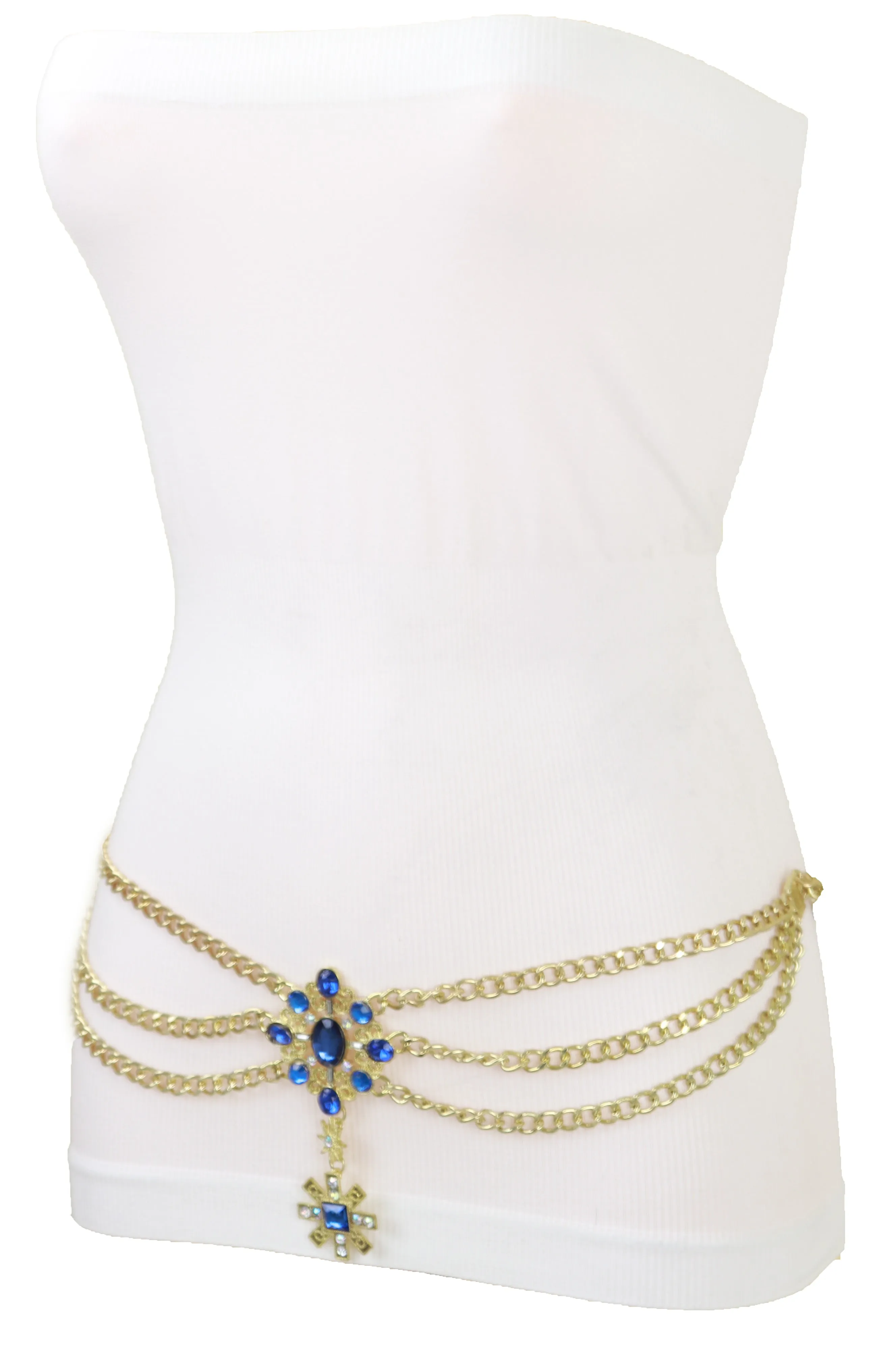 Rusty Gold Metal Chain Belt British Blue Cross Star Charms M