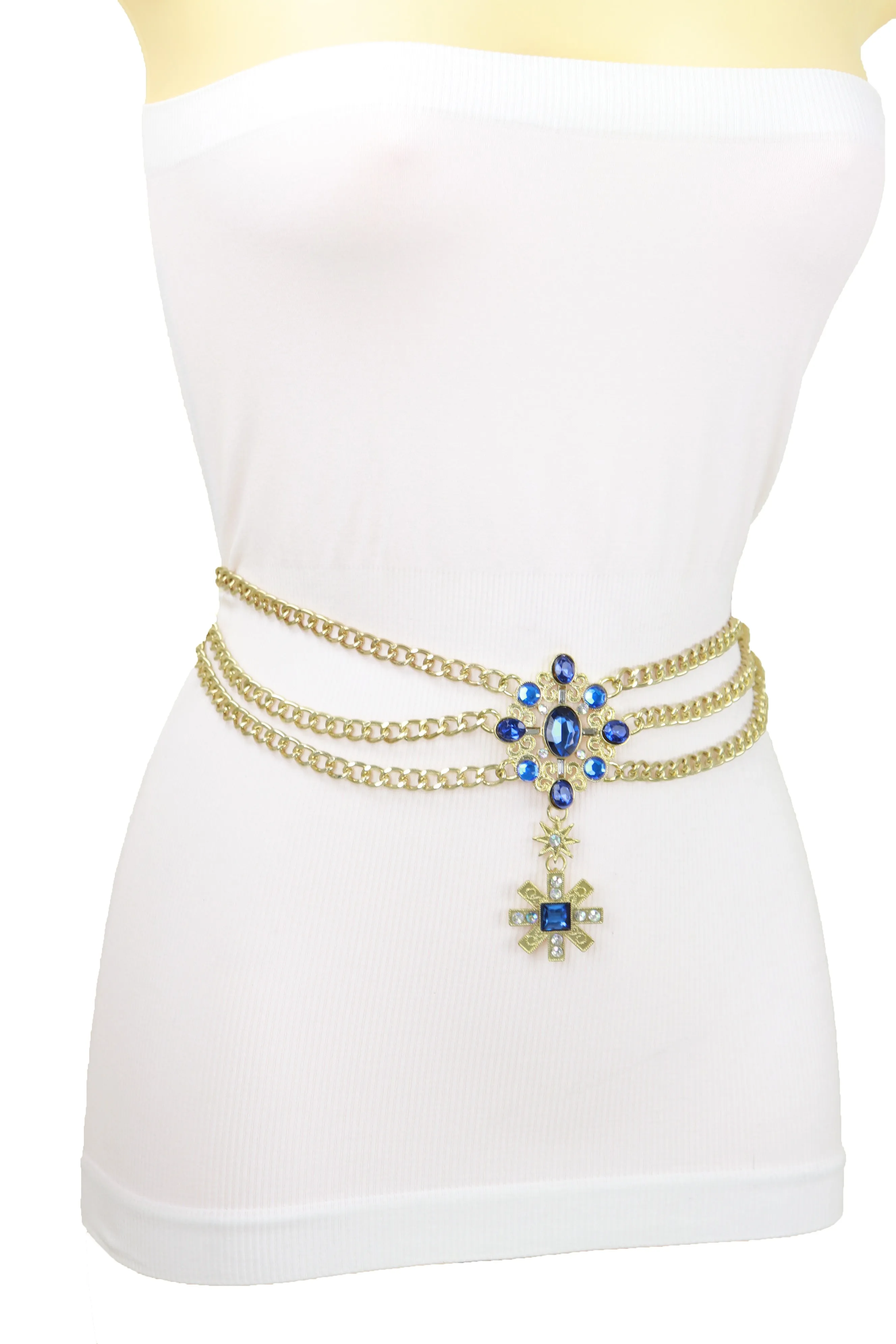 Rusty Gold Metal Chain Belt British Blue Cross Star Charms M