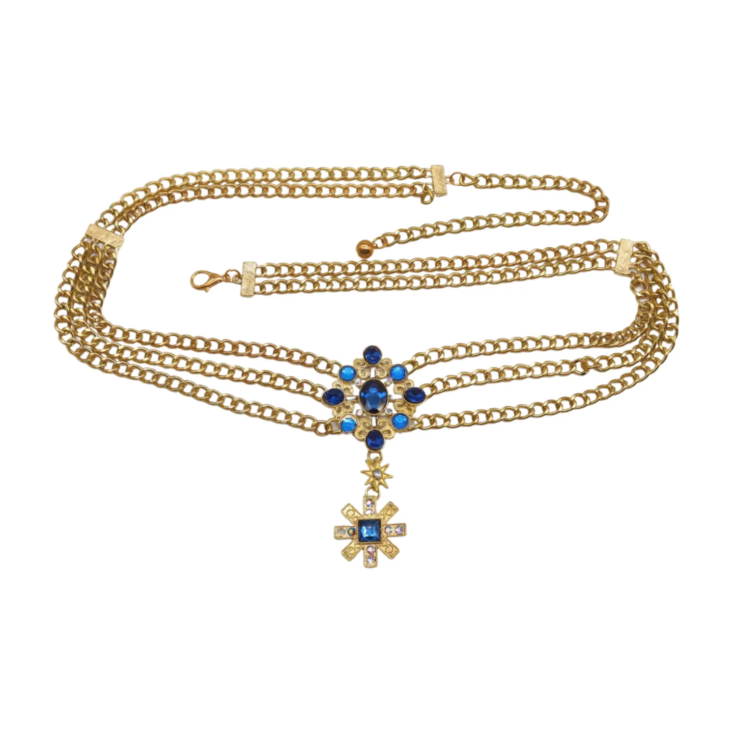 Rusty Gold Metal Chain Belt British Blue Cross Star Charms M