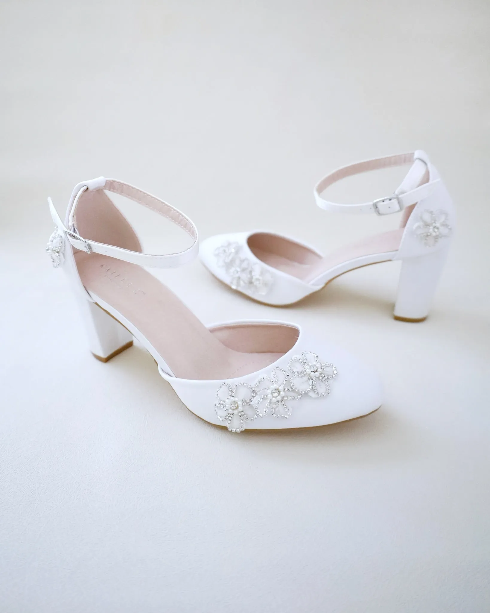 Satin Wedding Block Heel with Rhinestones Chassia Flower