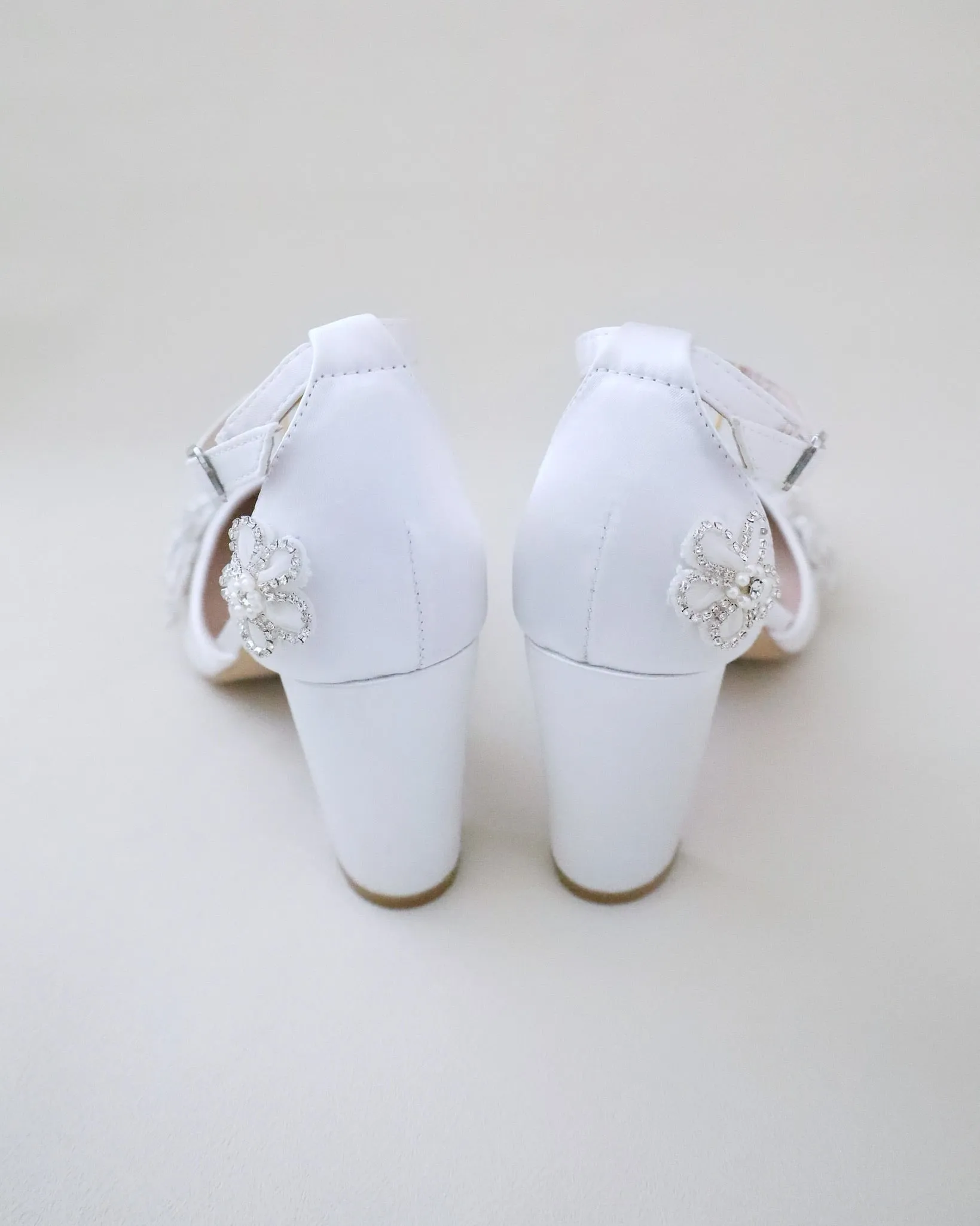 Satin Wedding Block Heel with Rhinestones Chassia Flower