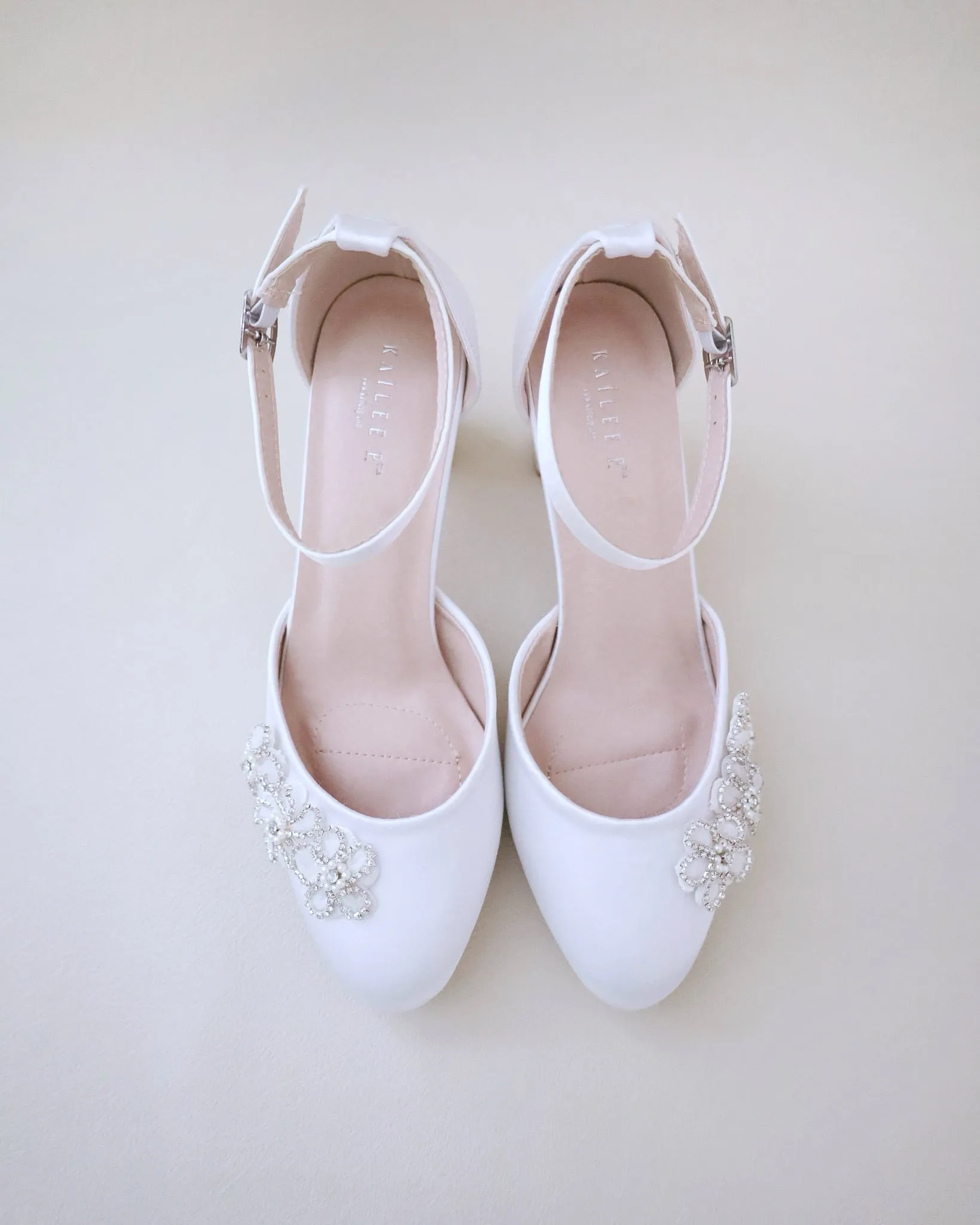 Satin Wedding Block Heel with Rhinestones Chassia Flower