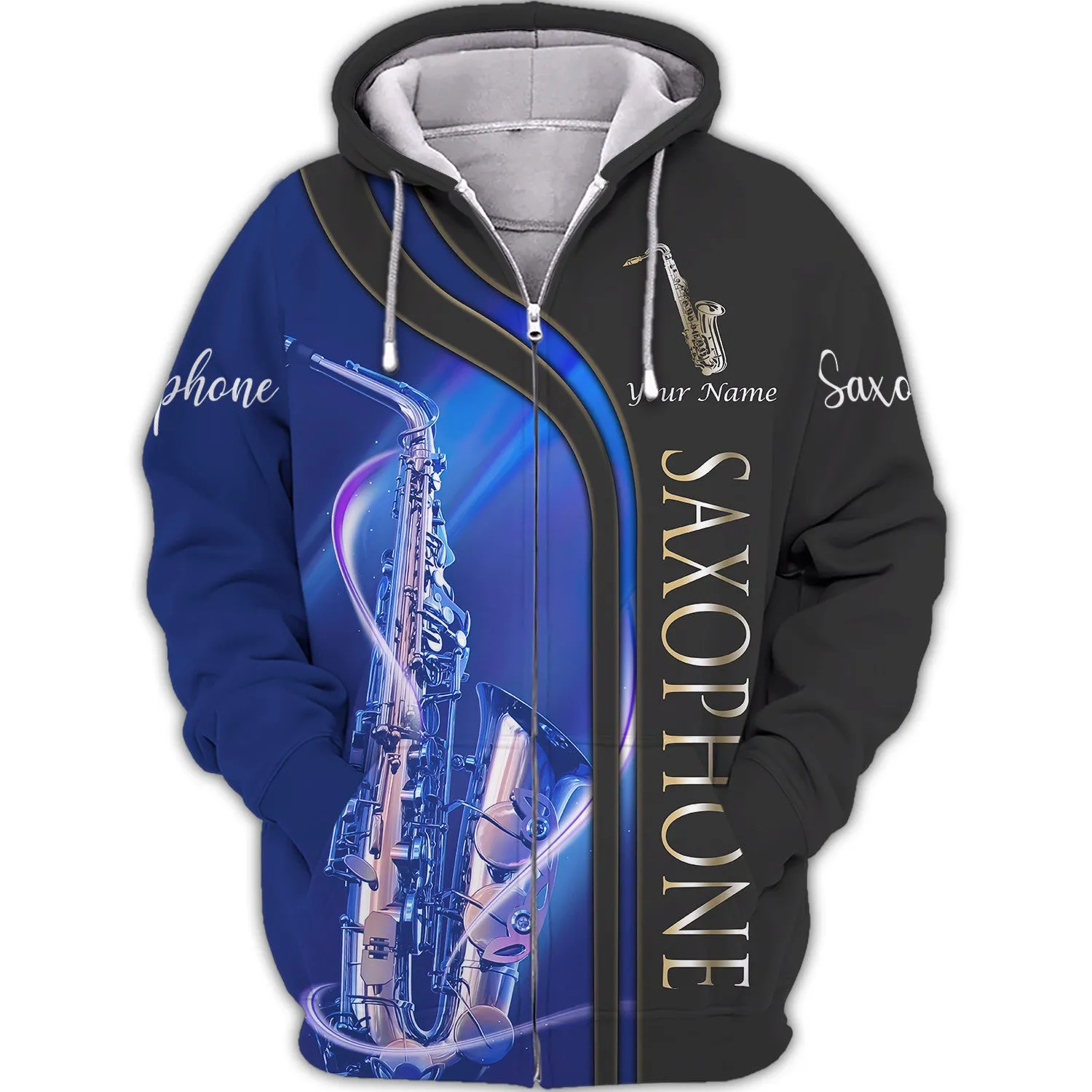 Saxophone Personalized Name 3D Tshirt Zipper Hoodie Blue