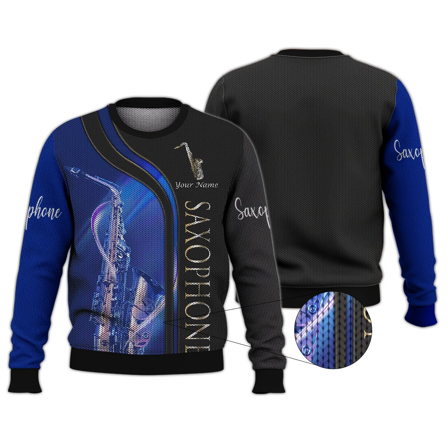 Saxophone Personalized Name 3D Tshirt Zipper Hoodie Blue
