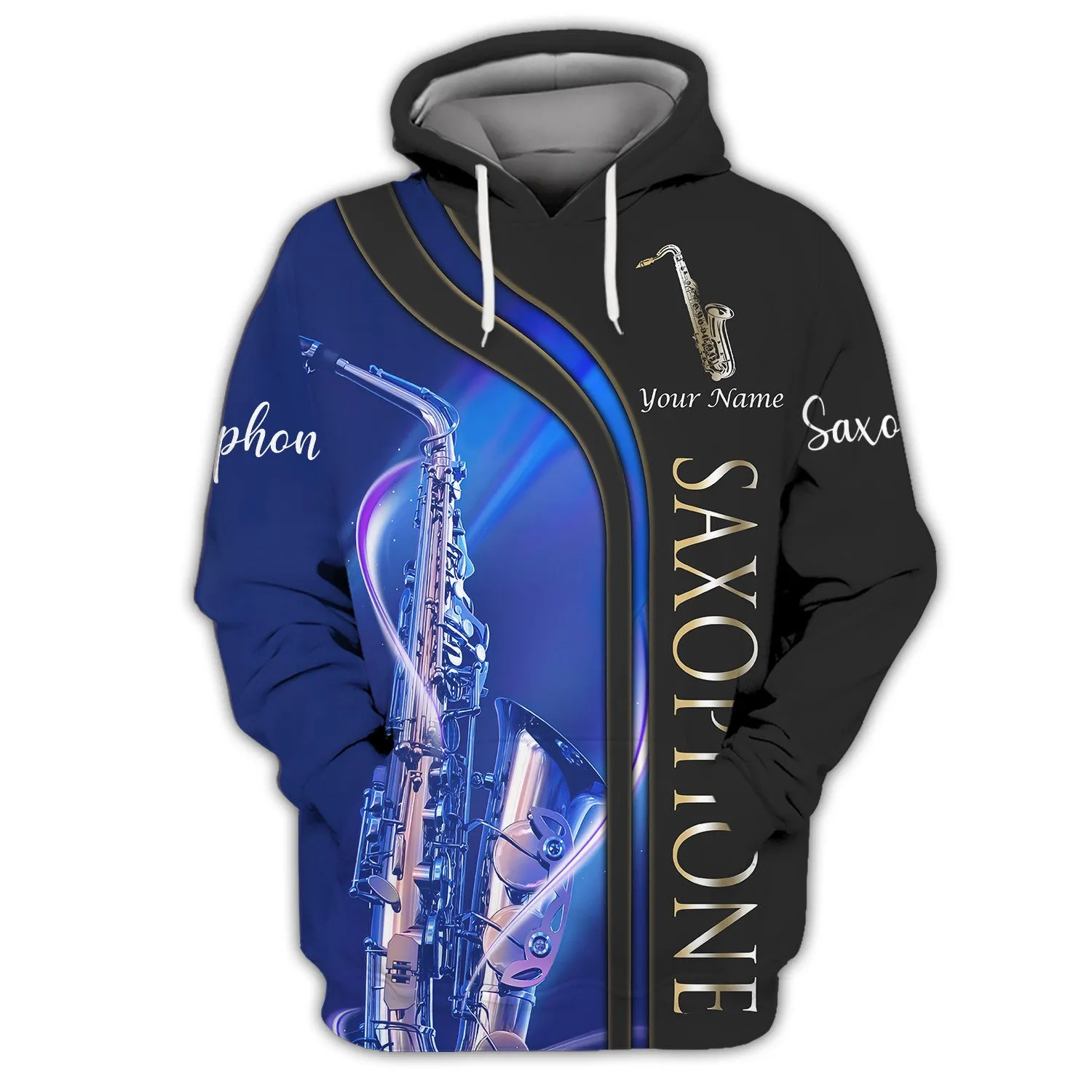 Saxophone Personalized Name 3D Tshirt Zipper Hoodie Blue