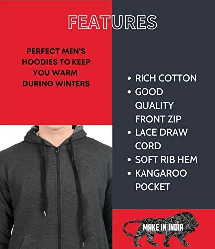 Scott International Men's Rich Cotton Regular Fit Hooded Hoodie Sweatshirt with Zip(1.1_sshz1_L,Charcoal,Large)