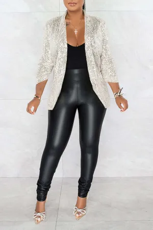 Sequin Ruched Sleeve Shawl Collar Blazer