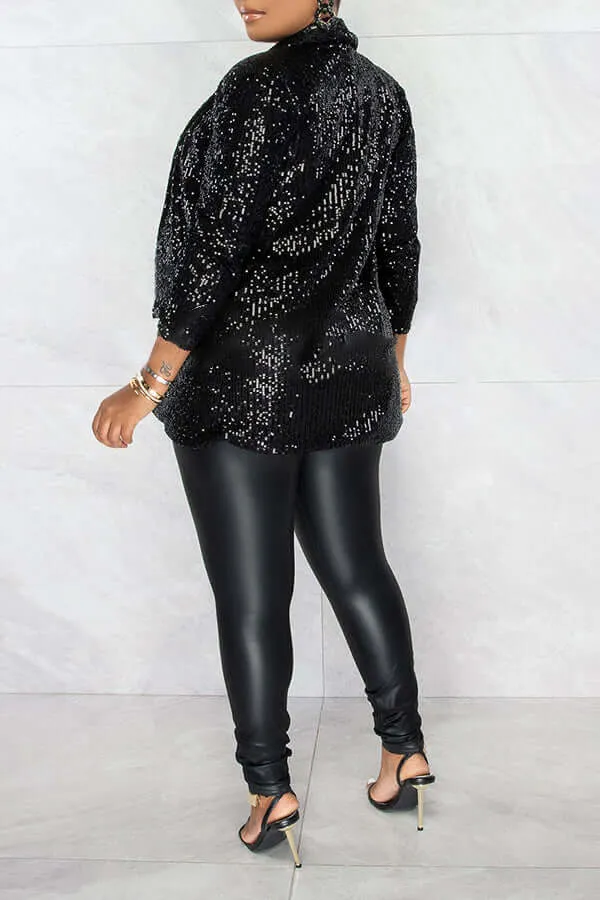 Sequin Ruched Sleeve Shawl Collar Blazer