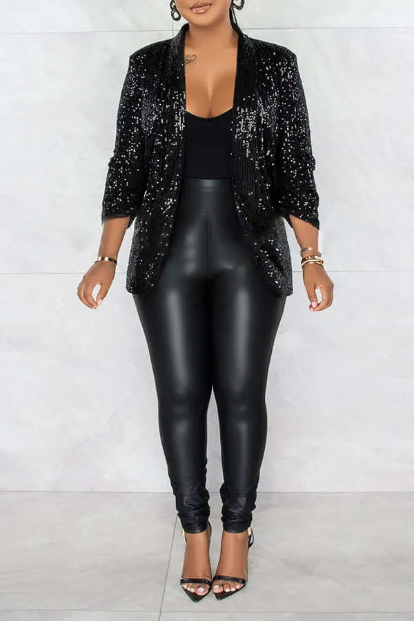 Sequin Ruched Sleeve Shawl Collar Blazer