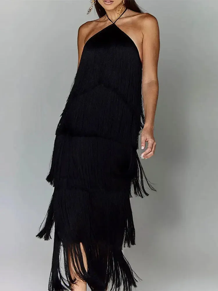Sexy Metallic Color Tassel Halter Party Long Dress