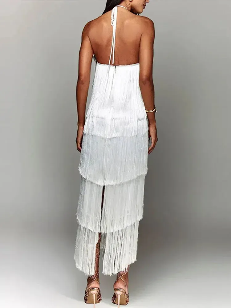 Sexy Metallic Color Tassel Halter Party Long Dress
