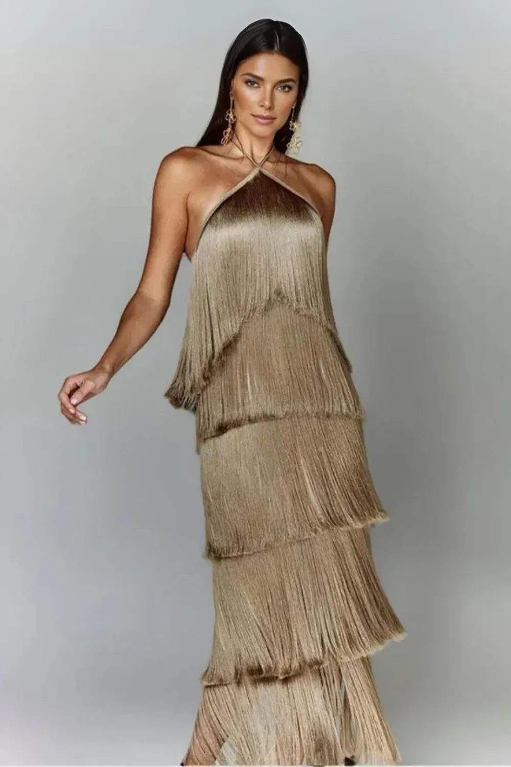 Sexy Metallic Color Tassel Halter Party Long Dress