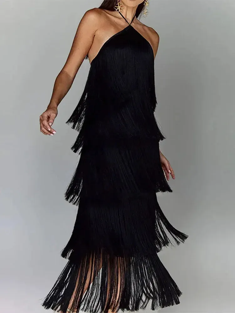 Sexy Metallic Color Tassel Halter Party Long Dress