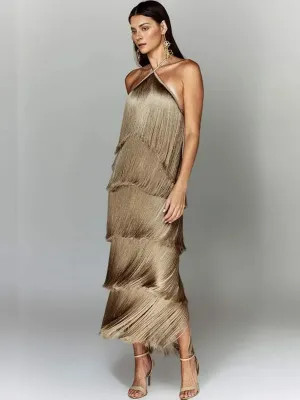 Sexy Metallic Color Tassel Halter Party Long Dress