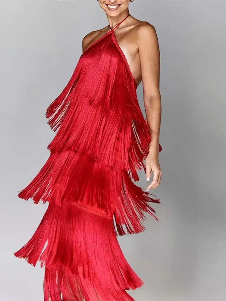 Sexy Metallic Color Tassel Halter Party Long Dress