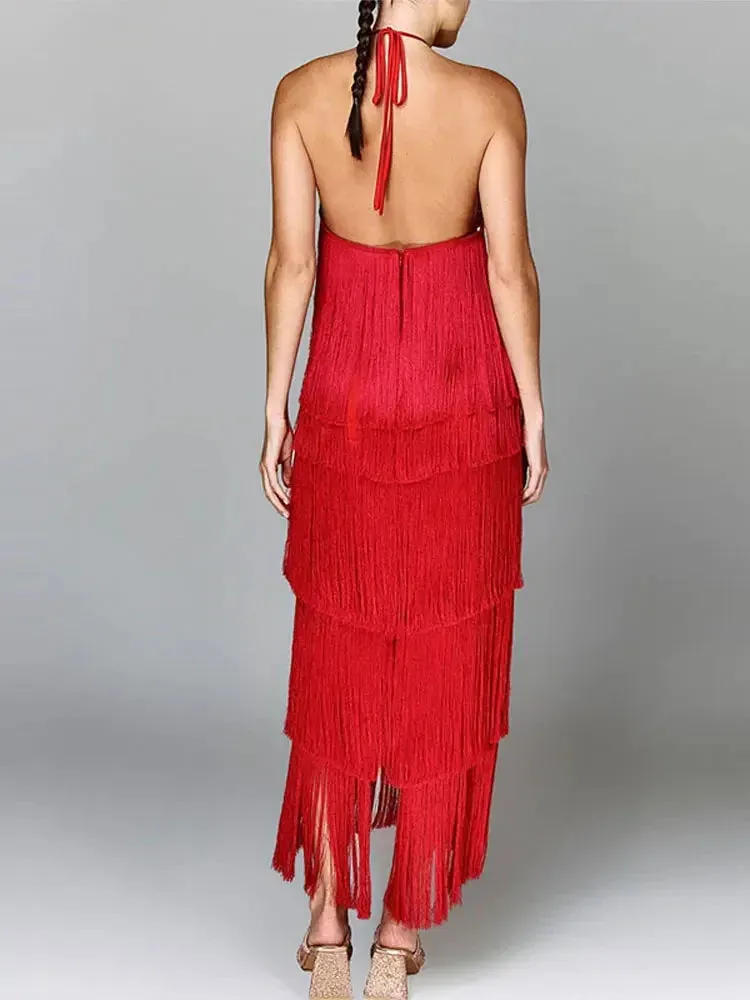 Sexy Metallic Color Tassel Halter Party Long Dress