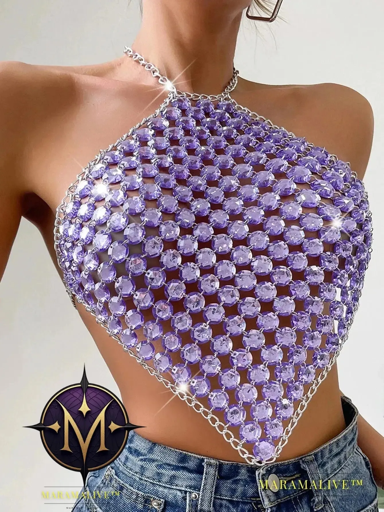 Sexy see through metal rhinestone Crop top women 2023 summer y2k streetwear tank Tops Club beach party halter top rave outfits
