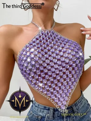 Sexy see through metal rhinestone Crop top women 2023 summer y2k streetwear tank Tops Club beach party halter top rave outfits