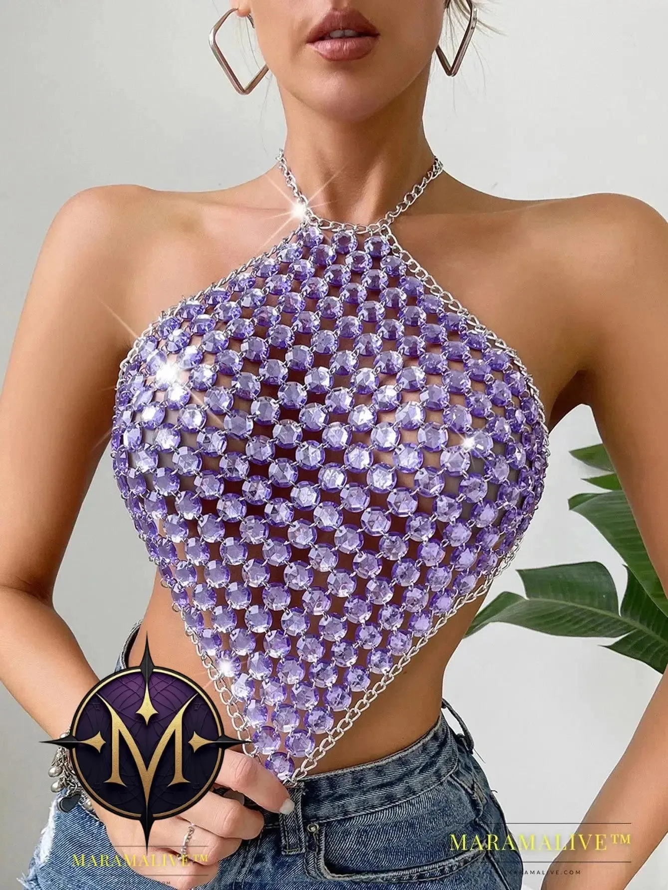 Sexy see through metal rhinestone Crop top women 2023 summer y2k streetwear tank Tops Club beach party halter top rave outfits