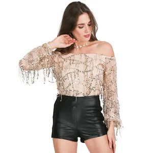 Sexy sequin tassel mesh bodysuit Women off shoulder long sleeve blouse shirt Autumn party club elegant jumpsuit romper